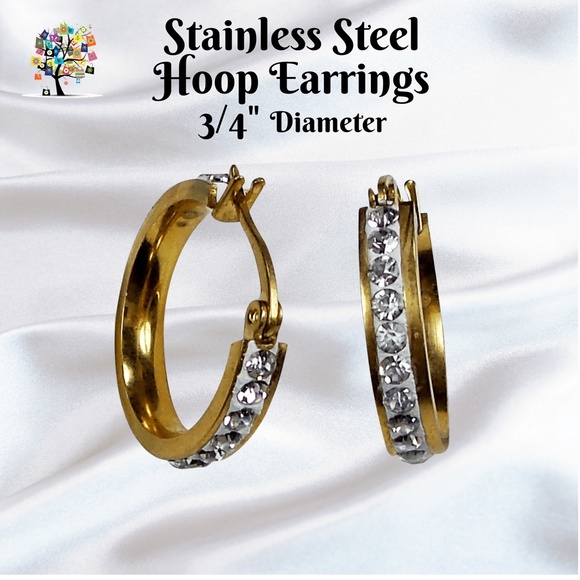 Dragonfly Spirit Designs Jewelry - Hoop Earrings Stainless Steel Gold Plated and Clear Crystals 3/4" Diameter